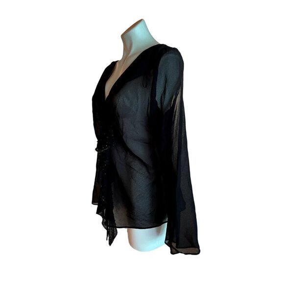 Elegant Vintage 90s Sheer Black Cocktail Jacket Beaded Ruffle Front Long Sleeve - Picture 4 of 8